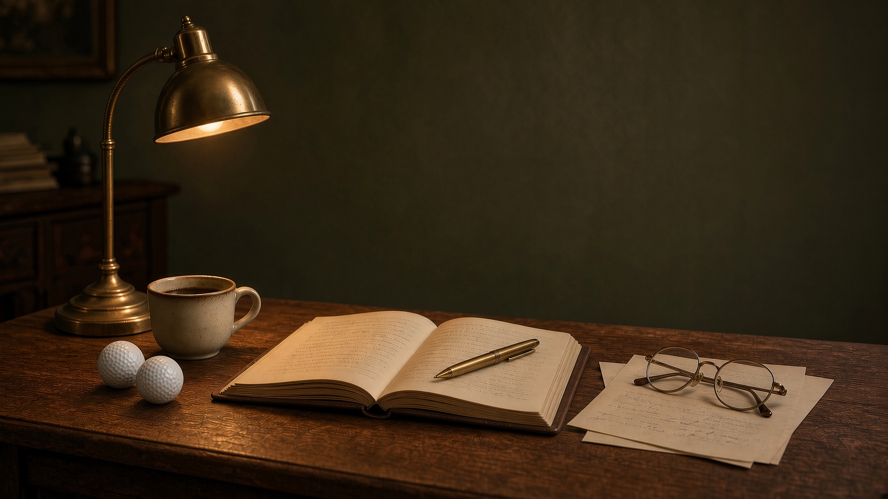 Bureau met notitieboek, pen en golfballen